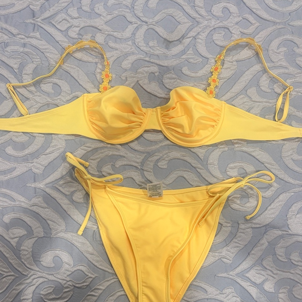 Yellow Floral-Accented Bikini Set